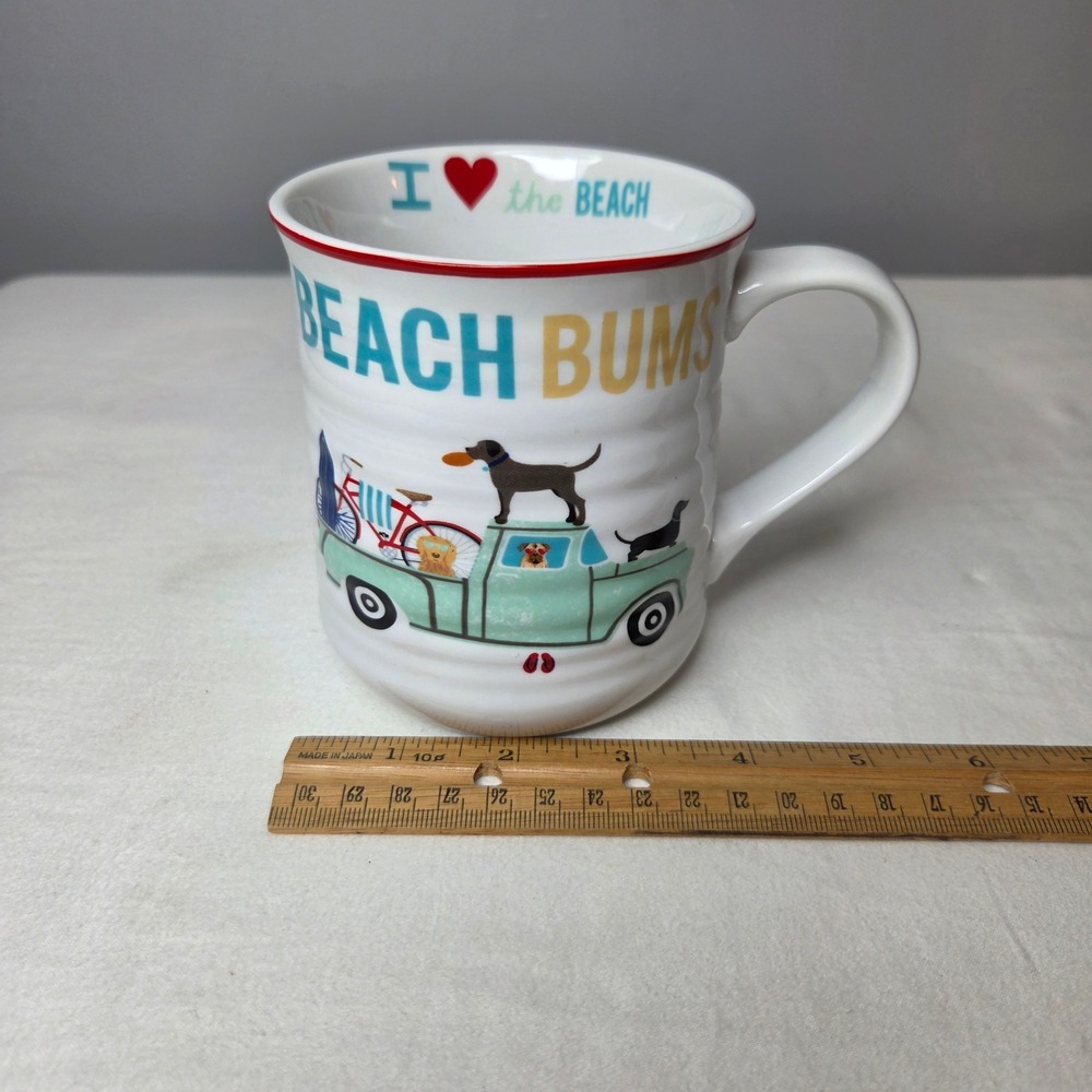 Pier 1 Imports‎ Beach Bums Dog Truck Surfboard Ceramic Coffee Mug White 16oz NWT